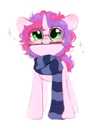 Size: 793x1004 | Tagged: safe, artist:melodylibris, derpibooru import, oc, oc only, oc:melody (melodylibris), pony, unicorn, clothes, female, glasses, harry potter (series), horn, magic wand, mare, mouth hold, round glasses, scarf, simple background, smiling, solo, sparkles, standing, striped scarf, unicorn oc, wand, white background