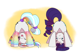 Size: 3261x2258 | Tagged: safe, derpibooru import, rarity, oc, earth pony, unicorn, butt, clothes, downward dog, duo, duo female, earth pony oc, exercise, face down ass up, female, leggings, looking at you, one eye closed, plot, rearity, shocked, shocked expression, simple background, smiling, transparent background, wink, yoga