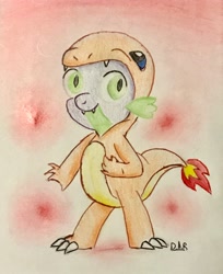 Size: 2929x3589 | Tagged: safe, artist:gracefulart693, derpibooru import, spike, dragon, abstract background, charmander, clothes, costume, kigurumi, male, pokémon, signature, solo, traditional art