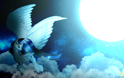 Size: 1049x657 | Tagged: safe, artist:angellightyt, derpibooru import, oc, oc only, alicorn, pony, alicorn oc, base used, cloud, female, flying, horn, looking back, mare, moon, night, solo, stars, wings