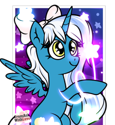 Size: 1748x1890 | Tagged: safe, artist:loverashley, derpibooru import, oc, oc only, oc:fleurbelle, alicorn, pony, alicorn oc, bow, commission, eyelashes, female, hair bow, horn, mare, simple background, smiling, solo, stars, transparent background, wings, ych result