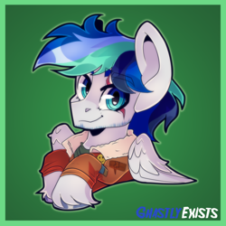 Size: 676x676 | Tagged: safe, artist:ghastlyexists, derpibooru import, oc, oc:orion snow, pegasus, bust, eye scar, facial scar, headshot commission, implied spitfire, pegasus oc, portrait, scar, simple background, wonderbolt jacket