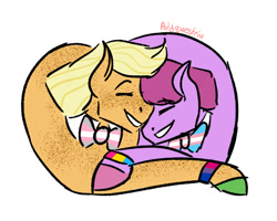 Size: 999x800 | Tagged: safe, artist:lieutenantcactus, derpibooru import, applejack, berry punch, berryshine, berryjack, bisexual, bisexual pride flag, demigirl, demigirl pride flag, female, lesbian, male, mouthpiece, pansexual, pansexual pride flag, pride, pride flag, shipping, simple background, straight, trans male, transgender, transgender pride flag, white background