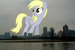 Size: 2000x1333 | Tagged: safe, artist:dashiesparkle, derpibooru import, edit, editor:jaredking779, derpy hooves, pegasus, pony, background pony, chengdu, china, female, giant derpy hooves, giant pegasus, giant pony, giantess, highrise ponies, irl, macro, mare, mega giant, photo, ponies in real life, story included