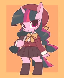 Size: 1682x2048 | Tagged: safe, artist:cheesesauce_45, derpibooru import, twilight sparkle, semi-anthro, unicorn, alternate hairstyle, bow, clothes, cute, female, filly, filly twilight sparkle, foal, pigtails, school uniform, smiling, solo, twiabetes, twintails, younger