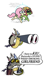 Size: 2400x4167 | Tagged: safe, artist:punkittdev, derpibooru import, discord, fluttershy, tree hugger, earth pony, pegasus, pony, make new friends but keep discord, angry, binoculars, comic, dialogue, female, flutterhugger, high res, jealous, lesbian, male, shipping, simple background, speech bubble, trio, white background