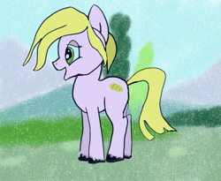 Size: 815x667 | Tagged: safe, artist:kujivunia, derpibooru import, edit, oc, oc:laventeli leipa, earth pony, pony, crappy art, field, green eyes, happy, no shading, side view, smiling, solo, tree