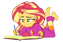 Size: 1038x694 | Tagged: safe, derpibooru import, edit, edited screencap, screencap, sunset shimmer, better together, equestria girls, forgotten friendship, background removed, barefoot, beautiful, book, cute, feet, female, simple background, solo, sunset's journal, the pose, transparent background
