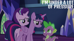 Size: 1920x1080 | Tagged: safe, derpibooru import, edit, edited screencap, editor:quoterific, screencap, spike, starlight glimmer, twilight sparkle, twilight sparkle (alicorn), alicorn, dragon, pony, unicorn, triple threat, concerned, glowing spines, looking at each other, looking at someone, nervous, trio, twilight's castle