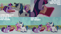 Size: 2000x1125 | Tagged: safe, derpibooru import, edit, edited screencap, editor:quoterific, screencap, princess cadance, shining armor, twilight sparkle, unicorn twilight, alicorn, pony, unicorn, season 3, the crystal empire, book, brother and sister, colored wings, female, folded wings, frown, glowing, glowing horn, gradient wings, horn, horn crystals, magic, magic aura, magic suppression, male, mare, open mouth, siblings, stallion, talking, teeth, telekinesis, trio, wings