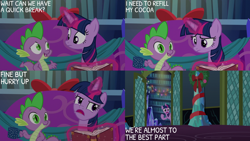 Size: 2000x1125 | Tagged: safe, derpibooru import, edit, edited screencap, editor:quoterific, screencap, spike, twilight sparkle, twilight sparkle (alicorn), alicorn, dragon, pony, a hearth's warming tail, book, female, male, mare, sofa, twilight's castle