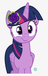 Size: 820x1286 | Tagged: safe, artist:arifproject, derpibooru import, twilight sparkle, twilight sparkle (alicorn), alicorn, pony, female, flower, flower in hair, mare, simple background, smiling, solo, white background