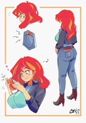 Size: 1400x2000 | Tagged: safe, artist:sozglitch, derpibooru import, sunset shimmer, human, ass, boots, breasts, bunset shimmer, butt, cellphone, clothes, denim, female, heart, high heel boots, humanized, jeans, pants, phone, rear view, shoes, smartphone, smiling, solo, standing, sunset jiggler