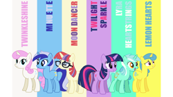 Size: 2000x1125 | Tagged: safe, derpibooru import, editor:quoterific, lemon hearts, lyra heartstrings, minuette, moondancer, twilight sparkle, twinkleshine, unicorn twilight, pony, unicorn, canterlot six, female, mare