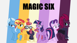 Size: 2000x1125 | Tagged: safe, derpibooru import, editor:quoterific, moondancer, starlight glimmer, sunset shimmer, tempest shadow, trixie, twilight sparkle, twilight sparkle (alicorn), alicorn, pony, unicorn, broken horn, clothes, counterparts, glasses, horn, robe, scarf, sweater, twilight's counterparts