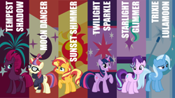 Size: 2000x1125 | Tagged: safe, derpibooru import, editor:quoterific, moondancer, starlight glimmer, sunset shimmer, tempest shadow, trixie, twilight sparkle, twilight sparkle (alicorn), alicorn