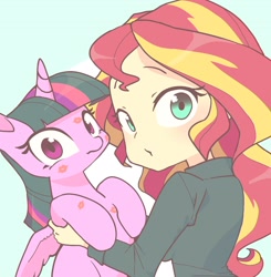 Size: 1910x1950 | Tagged: safe, artist:cheesesauce_45, derpibooru import, sunset shimmer, twilight sparkle, twilight sparkle (alicorn), alicorn, human, pony, equestria girls, female, holding a pony, human and pony, kiss mark, lesbian, lipstick, looking at you, shipping, sunsetsparkle