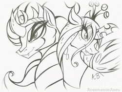 Size: 2085x1577 | Tagged: source needed, safe, artist:rossmaniteanzu, derpibooru import, king sombra, queen chrysalis, changeling, unicorn, chrysombra, female, lineart, male, pencil drawing, shipping, straight, traditional art