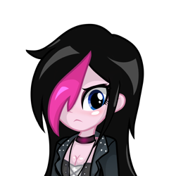 Size: 1650x1650 | Tagged: safe, artist:rjp.rammy, derpibooru import, oc, oc only, oc:zoe star pink, equestria girls, clothes, commission, female, goth, hair over one eye, jacket, pink skin, simple background, solo, transparent background