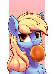 Size: 1700x2330 | Tagged: safe, artist:hc0, derpibooru import, derpy hooves, pegasus, pony, abstract background, bust, food, mouth hold, pancakes, portrait, solo