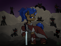 Size: 2000x1500 | Tagged: safe, artist:move, derpibooru import, oc, oc:lightning bolt, pony, unicorn, background, clothes, death stare, group, leader, lore, male, ominous, ponytail, red eyes, silhouette, stallion, sword, weapon, younger