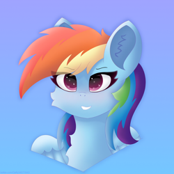 Size: 3500x3500 | Tagged: safe, artist:gaffy, derpibooru import, rainbow dash, bust, ear fluff, ears, gradient background, portrait, smiling, solo, wings