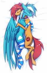 Size: 3600x5594 | Tagged: safe, artist:fenixdust, derpibooru import, oc, oc only, oc:cyan stratus, oc:kale triton, earth pony, pegasus, pony, bed, clothes, collar, commission, couple, cuddling, cute, digital art, fenixdust didn't use hockless socks, flower, flower in hair, gay, happy, male, rose, snuggling, socks, stallion, striped socks