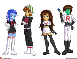 Size: 4000x3090 | Tagged: safe, artist:dieart77, derpibooru import, oc, oc only, oc:frost d. tart, oc:golden lily, oc:zipper zest, human, equestria girls, boots, clothes, cosplay, costume, miniskirt, pokémon, shoes, simple background, skirt, socks, team rocket, thigh boots, thigh highs, transparent background