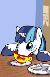 Size: 663x1024 | Tagged: safe, artist:muffinshire, derpibooru import, edit, shining armor, pony, unicorn, /mlp/ tf2 general, anonymous editor, bomb ass tea, bonk atomic punch, cropped, cute, flower, flower pot, fork, knife, male, plate, saucer, shining adorable, solo, stallion, table, team fortress 2, window, wood