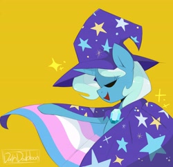 Size: 5500x5330 | Tagged: safe, artist:darkdoubloon, derpibooru import, trixie, pony, unicorn, cape, clothes, eyes closed, hat, mouthpiece, pride, pride flag, simple background, solo, trans trixie, transgender, transgender pride flag, trixie's cape, trixie's hat, yellow background