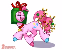 Size: 1250x1000 | Tagged: safe, artist:zendoratpw, derpibooru import, pinkie pie, earth pony, pony, christmas, christmas lights, colored hooves, eyes closed, holiday, present, simple background, smiling, solo, white background