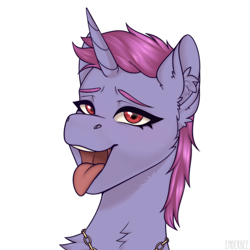 Size: 2048x2048 | Tagged: safe, artist:enderbee, derpibooru import, pony, unicorn, bust, commission, ear fluff, ears, female, horn, jewelry, necklace, oc name needed, portrait, red eyes, short hair, simple background, solo, tongue, tongue out, white background, ych result