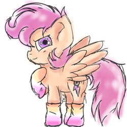 Size: 2048x2048 | Tagged: safe, artist:taeko, derpibooru exclusive, derpibooru import, scootaloo, pegasus, pony, 2023, alternate cutie mark, clothes, ear fluff, ears, female, hand on chest, looking at you, pastel, raised hoof, raised leg, signature, simple background, sketch, smiling, socks, solo, spread wings, standing, stockings, thigh highs, white background, wings