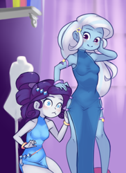 Size: 1152x1584 | Tagged: safe, artist:drantyno, derpibooru import, rarity, trixie, equestria girls, bare shoulders, blushing, clothes, dress, female, lesbian, rarixie, shipping, side slit, sleeveless, smiling, total sideslit, wide eyes