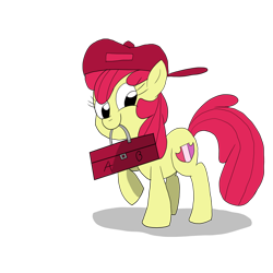 Size: 3000x3000 | Tagged: safe, artist:saberpen, derpibooru import, apple bloom, earth pony, pony, female, filly, foal, hat, looking at you, mouth hold, raised hoof, raised leg, simple background, smiling, solo, toolbox, transparent background