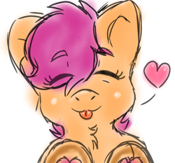 Size: 2048x1908 | Tagged: safe, artist:taeko, derpibooru exclusive, derpibooru import, scootaloo, pegasus, pony, 2023, :p, chest fluff, cute, cutealoo, eye clipping through hair, eyebrows, eyebrows visible through hair, eyelashes, eyes closed, female, filly, floating heart, foal, frog (hoof), heart, leaning on the fourth wall, simple background, sketch, smiling, solo, tongue, tongue out, underhoof, white background