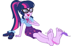 Size: 5000x3262 | Tagged: safe, artist:n0kkun, derpibooru import, sci-twi, twilight sparkle, better together, equestria girls, adorasexy, clothes, cute, feather, feet, fetish, foot fetish, foot focus, geode, glasses, laughing, sexy, shoes, simple background, sitting, skirt, soles, solo, tickle fetish, tickling, toes, transparent background, twiabetes, vector