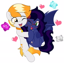 Size: 2048x2026 | Tagged: safe, artist:jhayarr23, derpibooru import, oc, oc only, oc:azzy aurelian, oc:shadow twinkle, bat pony, earth pony, bat pony oc, cute, earth pony oc, freckles, glasses, hug, simple background, white background