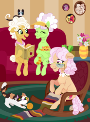 Size: 2480x3344 | Tagged: safe, artist:kabuvee, derpibooru import, apple bloom, apple rose, applejack, auntie applesauce, big macintosh, goldie delicious, cat, pony, knitting, knitting needles, rocking chair, sofa, yarn, yarn ball