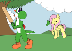 Size: 2898x2070 | Tagged: safe, artist:leafywolf, derpibooru import, fluttershy, pegasus, pony, baseball bat, duo, eyelashes, eyes closed, female, flag, mare, mouth hold, outdoors, raised hoof, raised leg, super mario bros., tree, yoshi