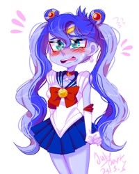 Size: 1080x1350 | Tagged: safe, artist:jully-park, derpibooru import, princess luna, human, equestria girls, blushing, clothes swap, cute, digital art, embarrassed, humanized, legs together, lunabetes, pigtails, sailor moon, sailor scout, simple background, solo, sweat, sweatdrop, twintails, white background