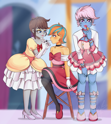 Size: 4400x4900 | Tagged: safe, artist:lucy-tan, derpibooru import, oc, oc:azure/sapphire, oc:cold front, oc:disty, human, equestria girls, clothes, cosplay, costume, crossdressing, dress, equestria girls-ified, femboy, makeover, makeup, male, pokemon contest, pokemon coordinators, pokémon, pokémon diamond and pearl, pokémon x and y, sissy