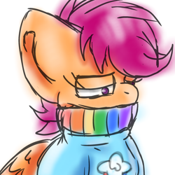 Size: 2048x2048 | Tagged: safe, artist:taeko, derpibooru exclusive, derpibooru import, scootaloo, anthro, pegasus, pony, 2023, clothes, female, folded wings, lidded eyes, rainbow scarf, scarf, simple background, sketch, solo, standing, striped scarf, sweater, white background, wings