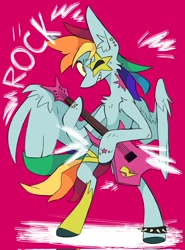 Size: 1513x2048 | Tagged: safe, artist:volchok, derpibooru import, rainbow dash, pegasus, pony, female, guitar, mare, musical instrument, solo, spread wings, wings