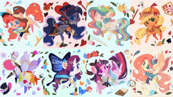 Size: 4160x2340 | Tagged: safe, artist:larix-u, derpibooru import, applejack, fluttershy, pinkie pie, princess celestia, princess luna, rainbow dash, rarity, twilight sparkle, twilight sparkle (alicorn), alicorn, earth pony, pegasus, pony, rabbit, unicorn, alice in wonderland, animal, armor, butterfly wings, cat eyes, cheshire cat, clothes, commission, dress, female, glimmer wings, hat, helmet, knight, mad hatter, mane six, mare, no catchlights, obtrusive watermark, queen of hearts, royal sisters, siblings, sisters, slit eyes, tongue, tongue out, top hat, watermark, white rabbit, wings