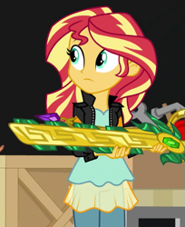 Size: 409x502 | Tagged: safe, derpibooru import, screencap, sunset shimmer, equestria girls, movie magic, spoiler:eqg specials, blouse, clothes, cropped, denim, jacket, jeans, leather jacket, macuahuitl, pants, solo, sword of lusitano, weapon