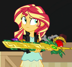 Size: 645x605 | Tagged: safe, derpibooru import, screencap, sunset shimmer, equestria girls, movie magic, spoiler:eqg specials, blouse, clothes, cropped, denim, jacket, jeans, leather jacket, macuahuitl, pants, solo, sword of lusitano, weapon