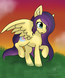 Size: 2236x2683 | Tagged: safe, artist:leafywolf, derpibooru import, oc, oc only, oc:lucid dream, pegasus, pony, female, grass, mare, outdoors, pegasus oc, sunset