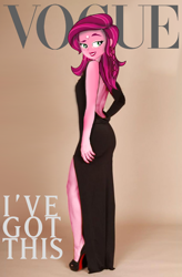 Size: 850x1298 | Tagged: safe, derpibooru import, edit, editor:kronostorm, gloriosa daisy, human, equestria girls, black dress, catchphrase, clothes, dress, female, high heels, magazine, shoes, side slit, sultry pose, tattoo, vogue