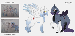 Size: 4700x2300 | Tagged: safe, artist:leafywolf, derpibooru import, oc, oc only, bat pony, pegasus, pony, bat pony oc, female, mare, pegasus oc, raised hoof, raised leg, redraw, simple background, traditional art, white background